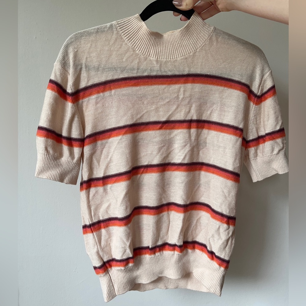 Short sleeve loose knit mock neck stripped spring/summer/fall sweater